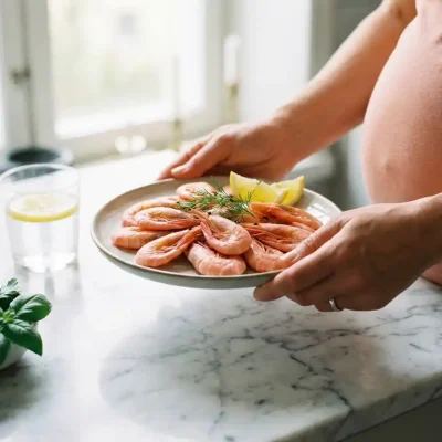 Zwangere vrouw houdt bord met roze garnalen boven marmeren aanrecht, glas water en verse kruiden ernaast