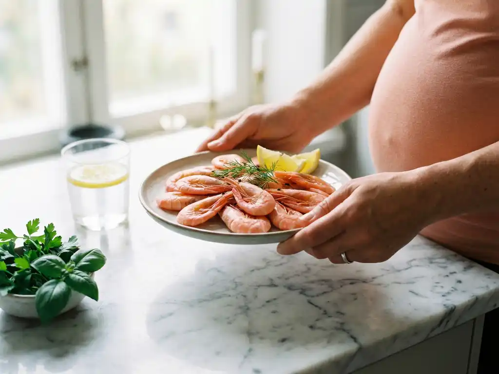 Zwangere vrouw houdt bord met roze garnalen boven marmeren aanrecht, glas water en verse kruiden ernaast