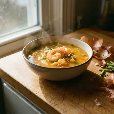 Dampende kom gouden garnalensoep met roze garnalen en groenten op rustieke houten keukentafel naast ingrediëntresten