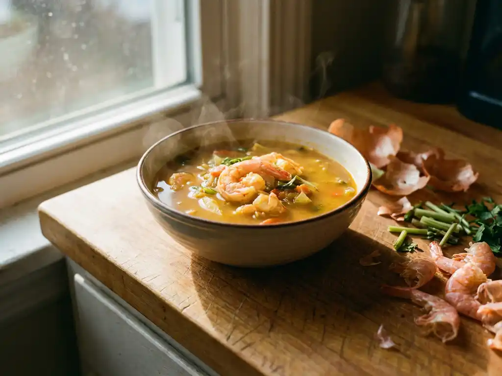 Dampende kom gouden garnalensoep met roze garnalen en groenten op rustieke houten keukentafel naast ingrediëntresten