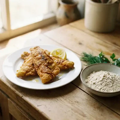 Goudbruine glutenvrije vis met knapperige korst op witte bord, houten aanrecht met kruidenkom in warme keukenverlichting