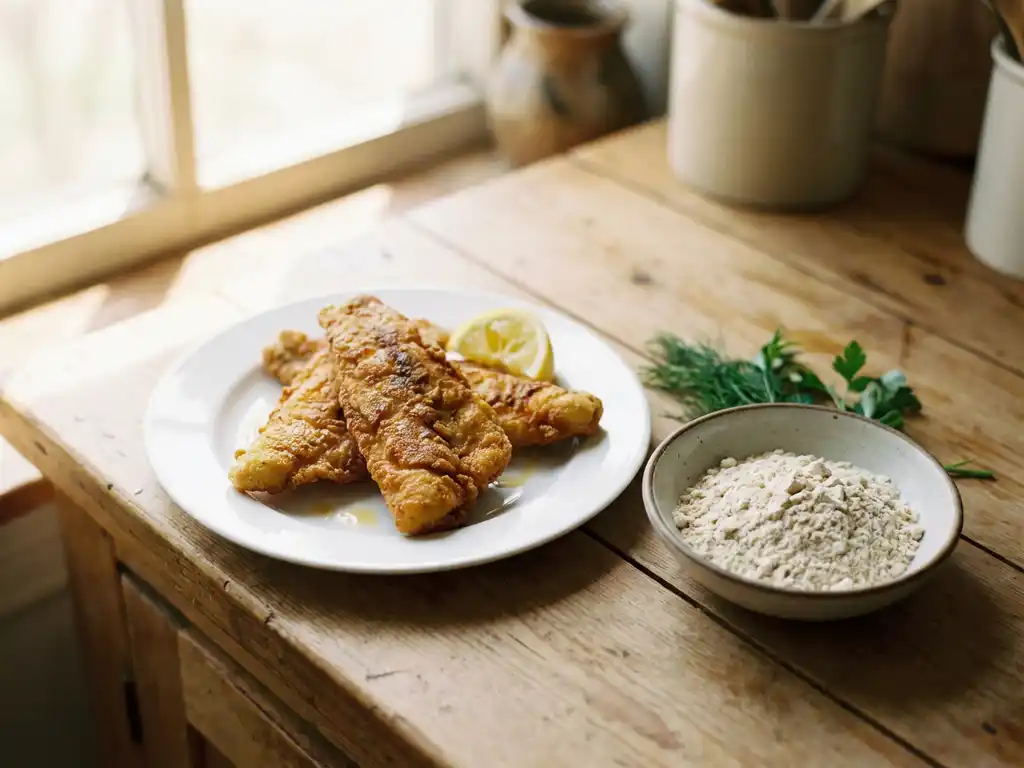 Goudbruine glutenvrije vis met knapperige korst op witte bord, houten aanrecht met kruidenkom in warme keukenverlichting