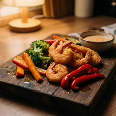 Goudbruine krokante garnalen met verse wortels, broccoli en rode paprika op rustieke houten snijplank