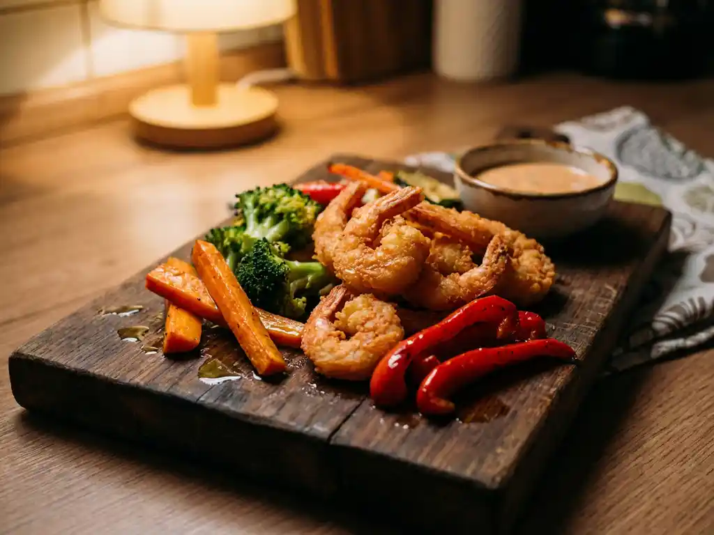 Goudbruine krokante garnalen met verse wortels, broccoli en rode paprika op rustieke houten snijplank