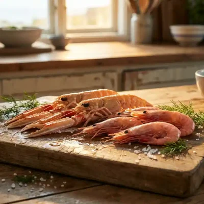 Verse langoustines en roze garnalen op verweerde houten snijplank met zeewater druppels, zeezout en dille takjes