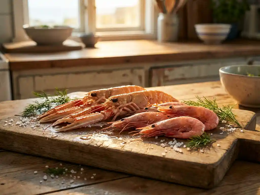 Verse langoustines en roze garnalen op verweerde houten snijplank met zeewater druppels, zeezout en dille takjes