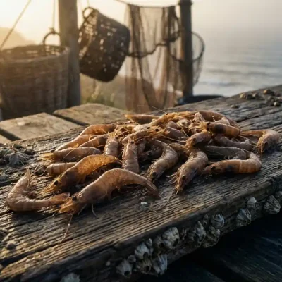 Verse Noordzee garnalen verspreid over verweerde drijfhout planken aan de Nederlandse kust, traditionele rieten netten op achtergrond