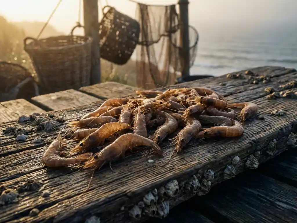 Verse Noordzee garnalen verspreid over verweerde drijfhout planken aan de Nederlandse kust, traditionele rieten netten op achtergrond