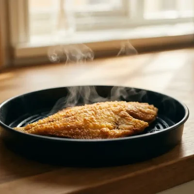 Goudbruine plaice filet in zwarte airfryer mand met stoom, warme keuken achtergrond met natuurlijk houtnerf