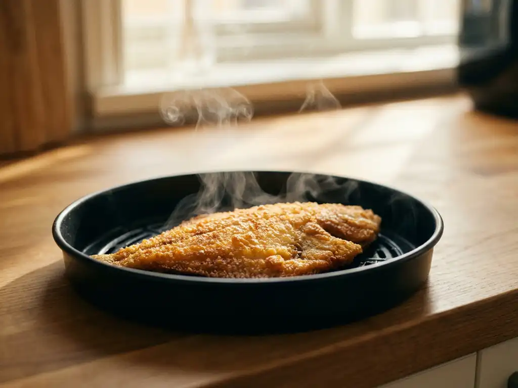 Goudbruine plaice filet in zwarte airfryer mand met stoom, warme keuken achtergrond met natuurlijk houtnerf