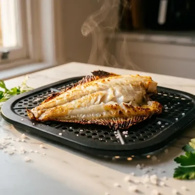 Goudbruine plaice filet met knapperige randen in zwarte airfryer mand, stoom stijgt op van witte vis op marmeren aanrecht