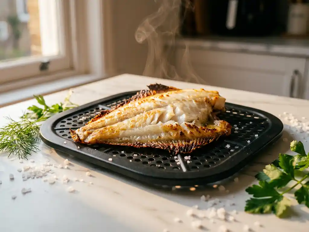 Goudbruine plaice filet met knapperige randen in zwarte airfryer mand, stoom stijgt op van witte vis op marmeren aanrecht