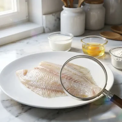 Verse plaice filet op wit keramisch bord met allergeenschaaltjes en vergrootglas op marmeren aanrecht