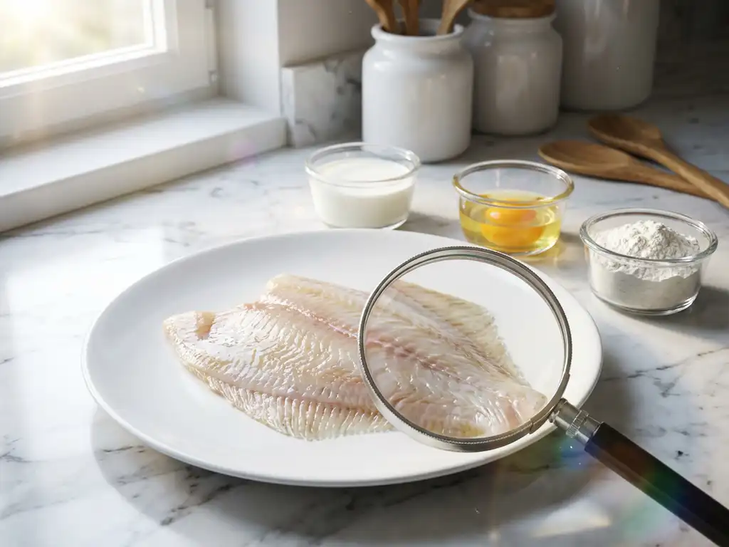 Verse plaice filet op wit keramisch bord met allergeenschaaltjes en vergrootglas op marmeren aanrecht