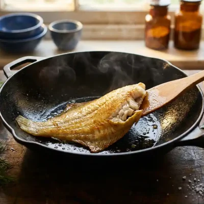 Verse plaice-filet sist in zwarte wok met houten spatel, omgeven door kruiden en citroenpartjes op houten aanrecht