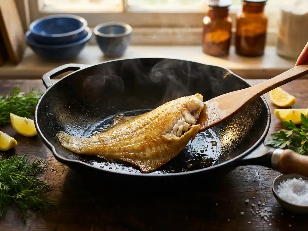 Verse plaice-filet sist in zwarte wok met houten spatel, omgeven door kruiden en citroenpartjes op houten aanrecht