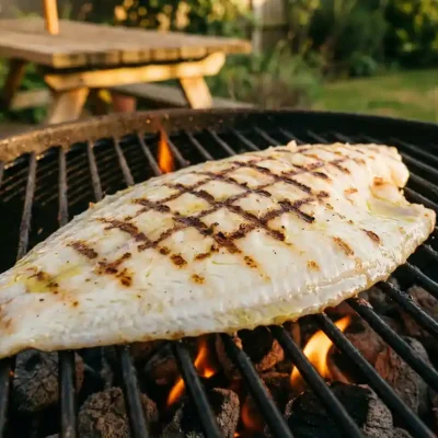 Verse plaice filet grillt op barbecue met diamantvormige grillstrepen, olijfolie glinstert in gouden avondlicht