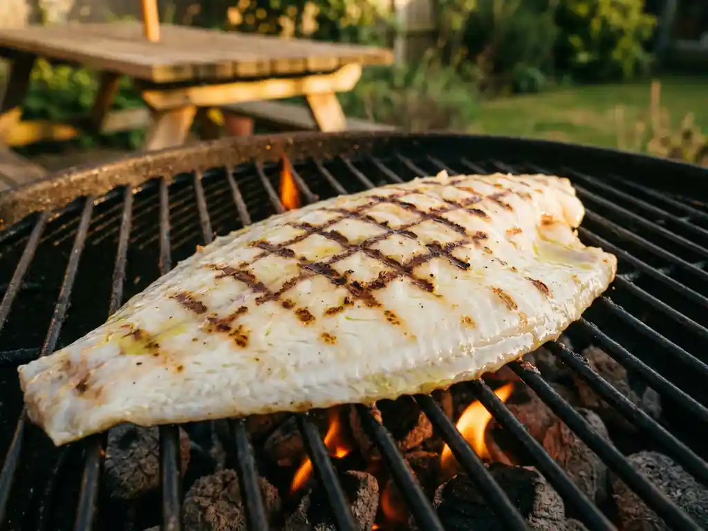 Verse plaice filet grillt op barbecue met diamantvormige grillstrepen, olijfolie glinstert in gouden avondlicht
