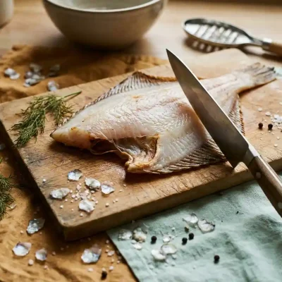 Plaice filet op houten snijplank met gekrulde randen, verkeerd gepositioneerd mes en verspreidde schubben