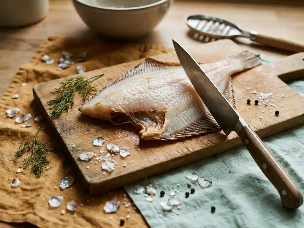 Plaice filet op houten snijplank met gekrulde randen, verkeerd gepositioneerd mes en verspreidde schubben