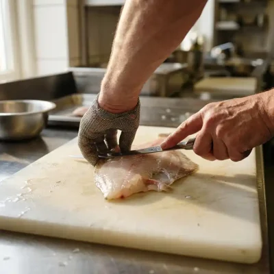 Professionele chef fileteert verse plaice met scherp mes op witte snijplank in keuken met natuurlijk licht