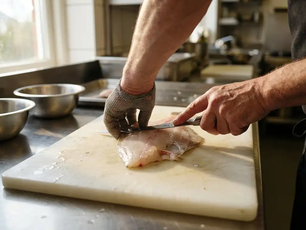 Professionele chef fileteert verse plaice met scherp mes op witte snijplank in keuken met natuurlijk licht