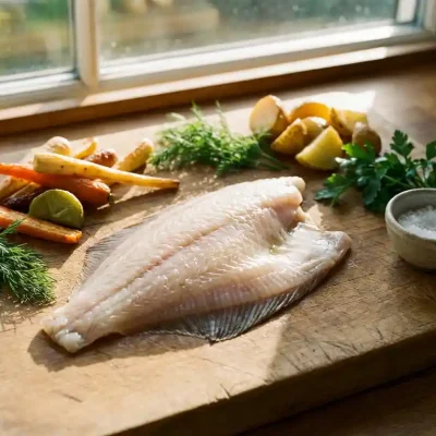 Gefileerde plaice op houten snijplank met wortelen, pastinaak, dille, peterselie en zeezout in warme herfstlicht
