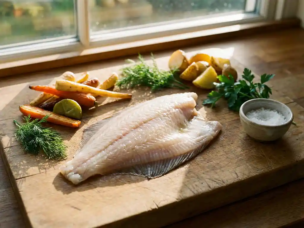 Gefileerde plaice op houten snijplank met wortelen, pastinaak, dille, peterselie en zeezout in warme herfstlicht