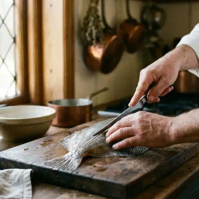 Chef fileert verse plaice op houten snijplank met scherp mes in traditionele Nederlandse keuken