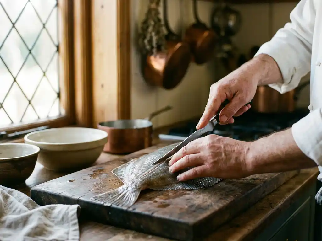 Chef fileert verse plaice op houten snijplank met scherp mes in traditionele Nederlandse keuken
