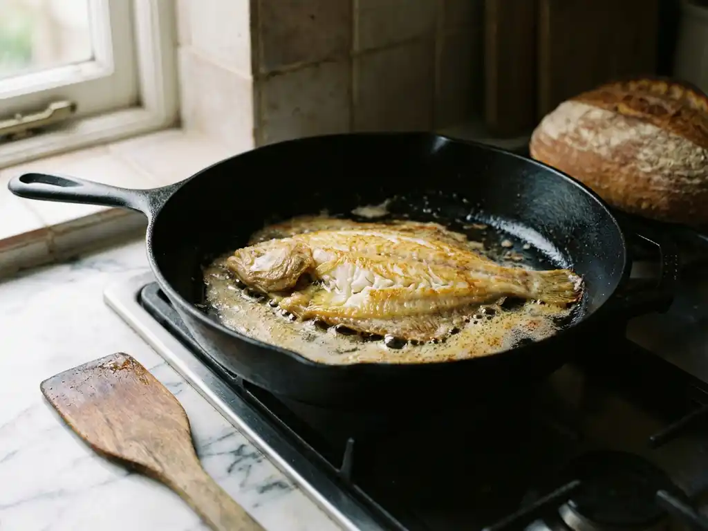 Verse plaice filet sist in zwarte gietijzeren pan met gouden boter, houten spatel op marmeren aanrecht