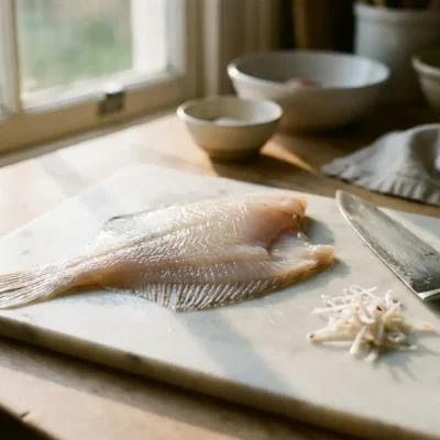 Verse plaicefilet op witte marmeren snijplank met koksmes en kleine witte graten, natuurlijk keukenlicht