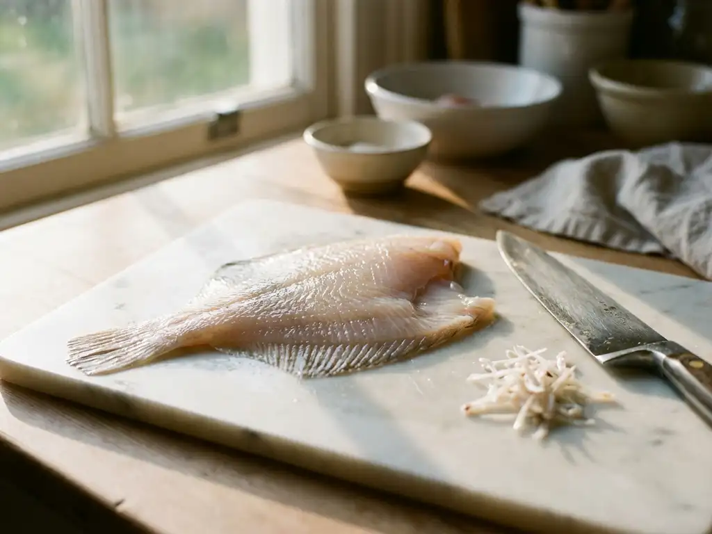 Verse plaicefilet op witte marmeren snijplank met koksmes en kleine witte graten, natuurlijk keukenlicht