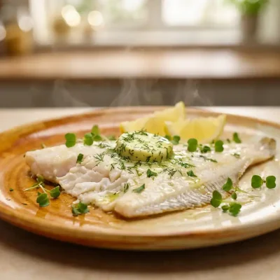 Gestoomde plaice filet met kruidenboter, citroenpartjes en microgreens op keramisch bord