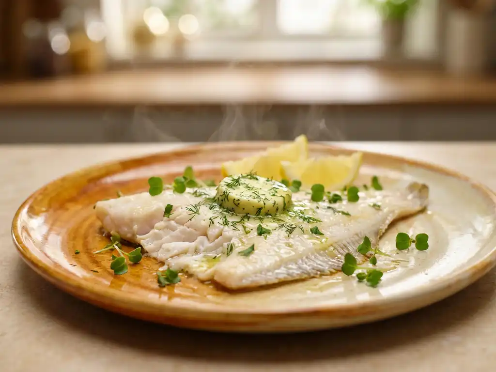 Gestoomde plaice filet met kruidenboter, citroenpartjes en microgreens op keramisch bord