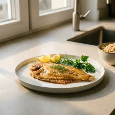 Gebakken plaicefilet op witte bord met citroenpartjes en verse kruiden, quinoa en waterfles op keukenblad