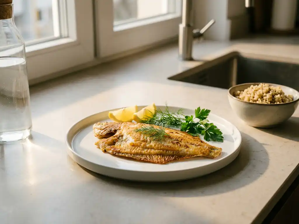 Gebakken plaicefilet op witte bord met citroenpartjes en verse kruiden, quinoa en waterfles op keukenblad
