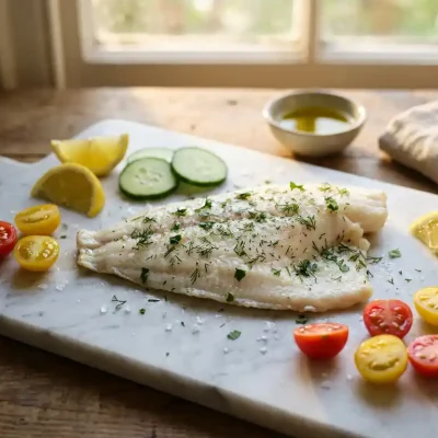 Witte plaice filet op marmeren snijplank met verse kruiden, kerstomaatjes, komkommer en citroen