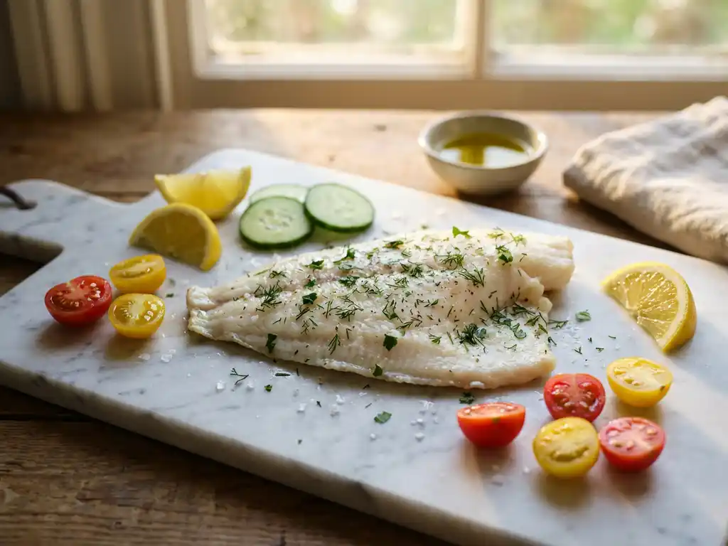 Witte plaice filet op marmeren snijplank met verse kruiden, kerstomaatjes, komkommer en citroen