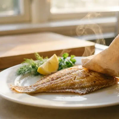 Goudbruine plaice filet op wit keramisch bord met keukenrol die overtollige olie dept, stoom stijgt op