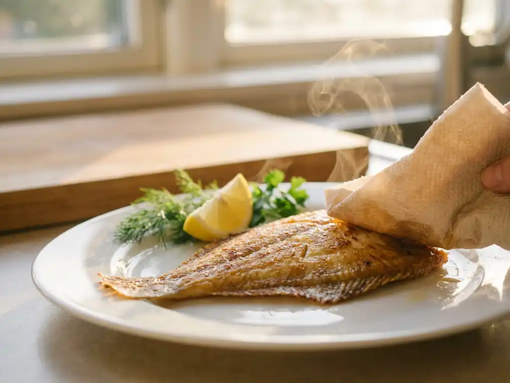 Goudbruine plaice filet op wit keramisch bord met keukenrol die overtollige olie dept, stoom stijgt op