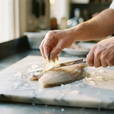 Chef verwijdert huid van verse plaice filet met vlijmscherp mes op marmeren snijplank met ijskristallen