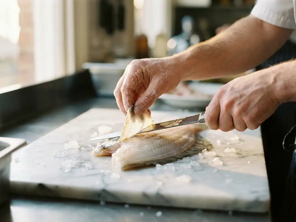 Chef verwijdert huid van verse plaice filet met vlijmscherp mes op marmeren snijplank met ijskristallen