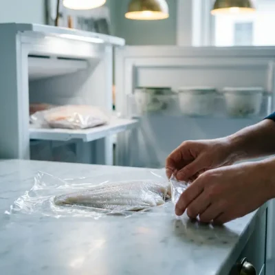 Verse plaice filet wordt ingepakt in transparante vriesfolie op wit marmeren aanrecht, ijskristallen op visoppervlak