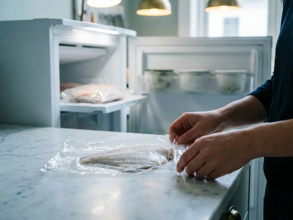 Verse plaice filet wordt ingepakt in transparante vriesfolie op wit marmeren aanrecht, ijskristallen op visoppervlak