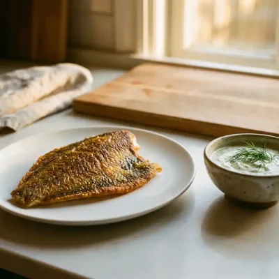 Goudbruine plaice filet op wit keramisch bord met kom kruiden saus en verse dille op houten snijplank