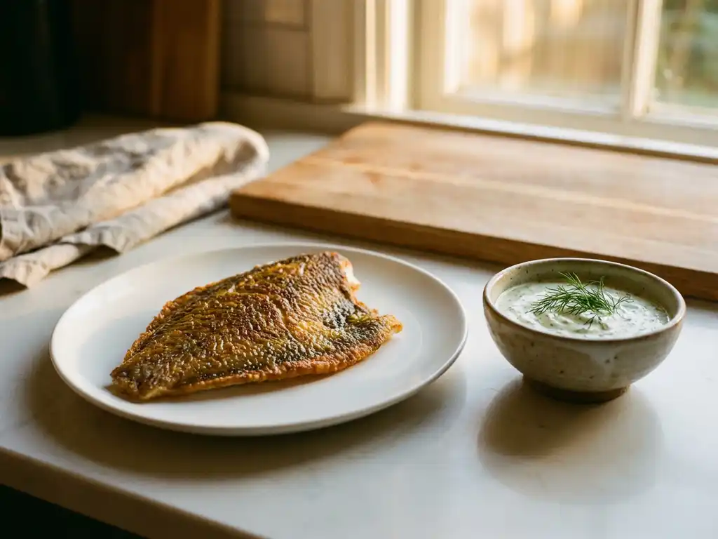 Goudbruine plaice filet op wit keramisch bord met kom kruiden saus en verse dille op houten snijplank