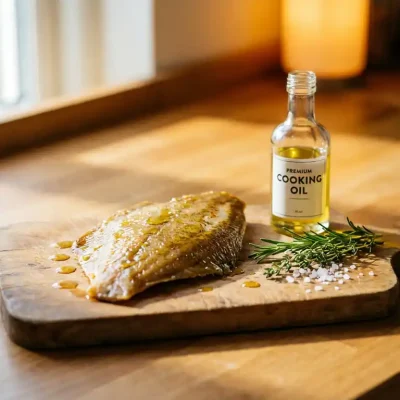 Verse plaice filet met gouden olijfolie druppels op rustieke houten snijplank naast kruiden en zeezout