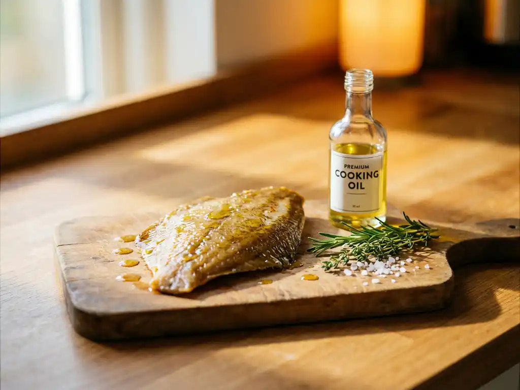 Verse plaice filet met gouden olijfolie druppels op rustieke houten snijplank naast kruiden en zeezout