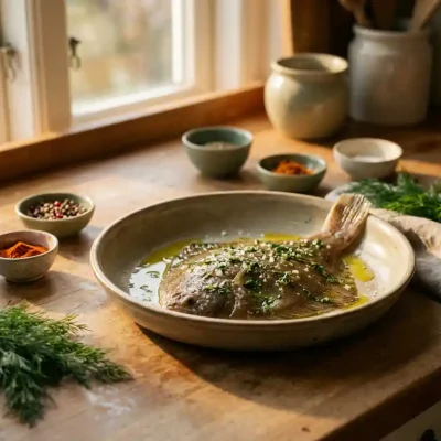 Verse plaice filet met olijfolie en kruiden in keramische schaal, omringd door kleurrijke specerijen en dille